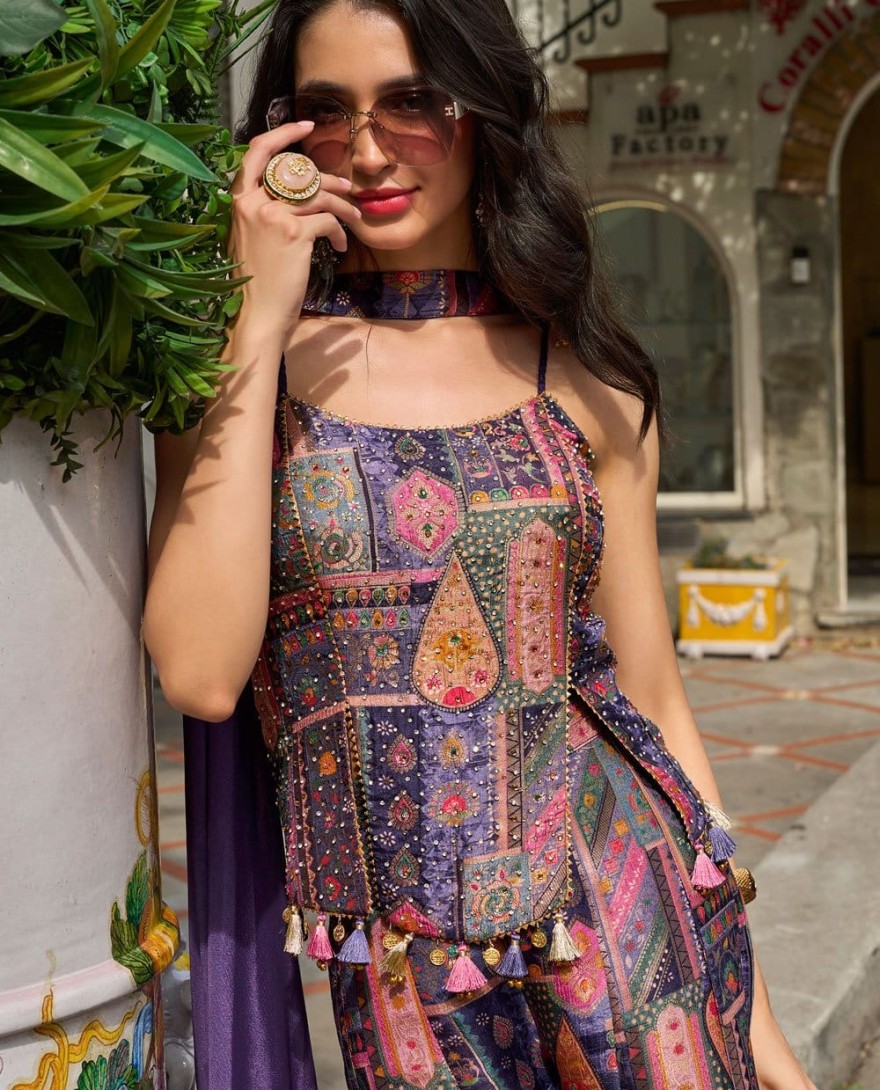 PURPLE - Stunning Multi Colour Jacquard Silk Palazzo Salwar Suit